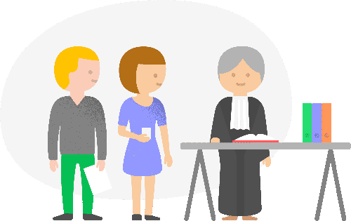 Illustratie van twee personen, zij staan bij hun jurist aan tafel