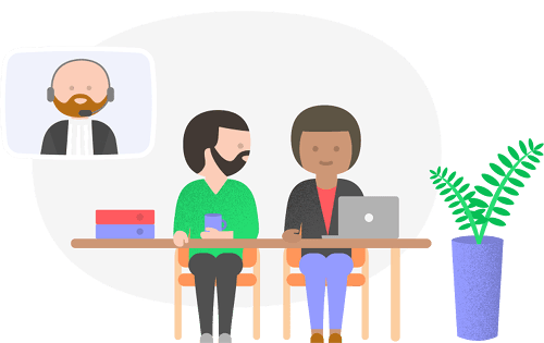 Illustratie van twee klanten die video-bellen met hun jurist